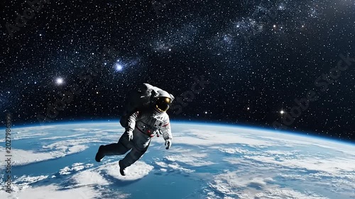 Astronaut floating in outer space near Earth.