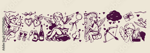 Obraz na płótnie cherub cupid angel doodles, romantic love angel set, wedding cherub line art, cu