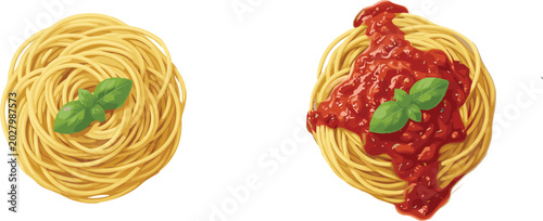 Traditional Italian spaghetti vector set featuring plain noodle nest with fresh basil leaf and pasta topped with rich red tomato bolognese sauce isolated on white background illustration