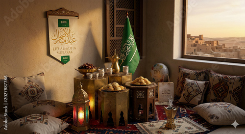 Eid al-Adha Mubarak celebration with traditional Saudi Arabian decor and desert view