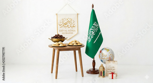 Eid al-Adha Celebration with Saudi Arabian Flag and Traditional Sweets