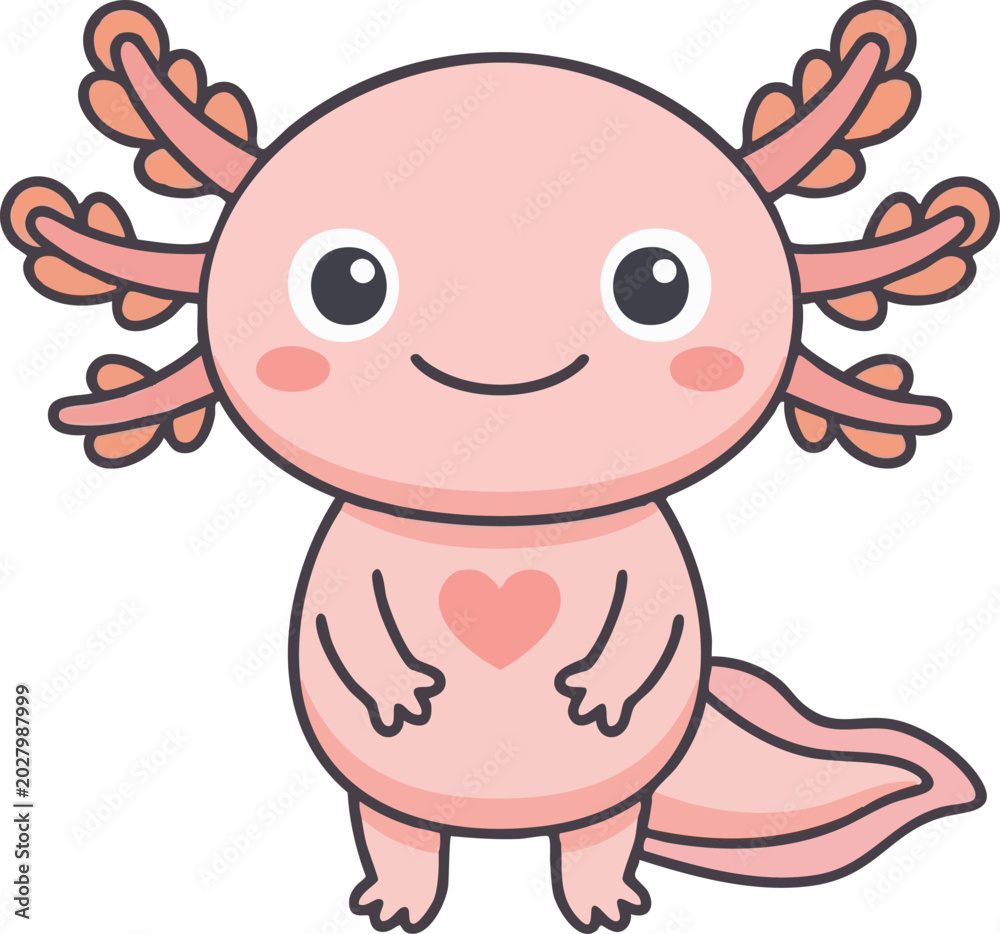 Fototapeta premium Cute baby pink axolotl cartoon character illustration with heart element