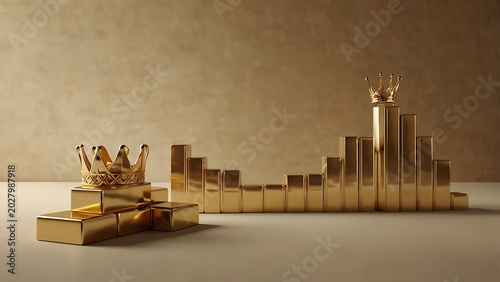 Abstract Golden Chess Pieces Arranged as Bar Chart Graph and Skyline Shapes Minimalist Business Strategy Success and Financial Growth Concept Luxury Gold Metaphor Presentation Backdrop