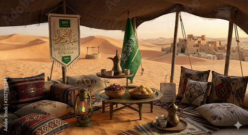 Eid al-Adha Mubarak celebration in a desert tent with traditional Saudi elements