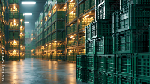 A warehouse with high racks completely filled with green plastic crates. The concept of logistics, product storage, and distribution.