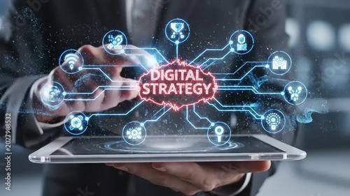 Businessman holding tablet with digital strategy.