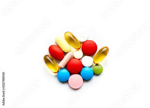 Different medicine pill tablet set isolated on white background