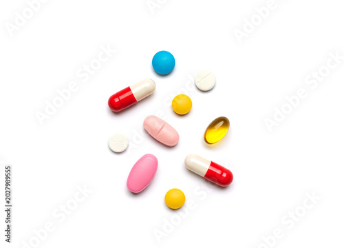 Different medicine pill tablet set isolated on white background