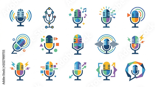 Collection of colorful retro and modern microphone icons for podcasting and broadcasting.