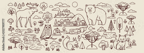 Bild auf Leinwand whimsical forest village illustration, cozy woodland town sketch, minimalist nat