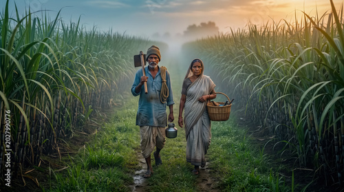 Elderly Indian farmers walking through a sugarcane field at sunrise