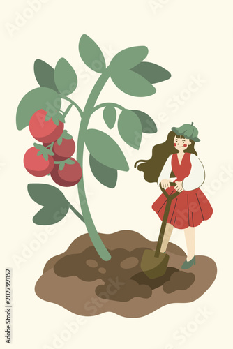 Tiny Girl Growing Tomato Plant