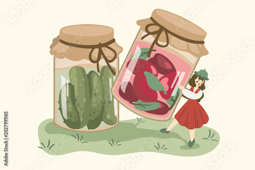 Tiny Girl with Homemade Preserve Jars