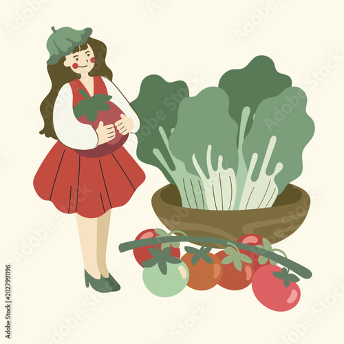 Tiny Tomato Girl with Homegrown Vegetables