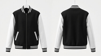 Varsity jacket in black wool with white sleeves is showcased as a high-quality apparel mockup featuring front and back views to allow for seamless placement of custom logos and artistic designs.