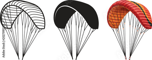 Tableau sur toile Three paraglider vector illustrations showcasing outline solid color and texture
