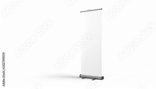 Minimalist blank roll-up banner stand on a white background, perfect for advertising, marketing, and promotional presentations.