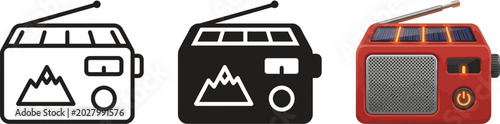 Photos Portable radio icon set and illustration including outline glyph and solar-power