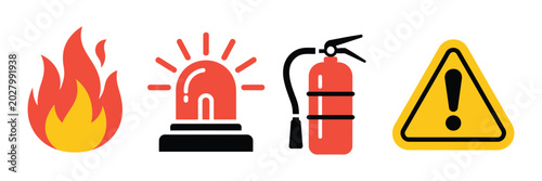 Foto Set of Flat Design Icons Representing Fire Safety Equipment and Warning Symbols,