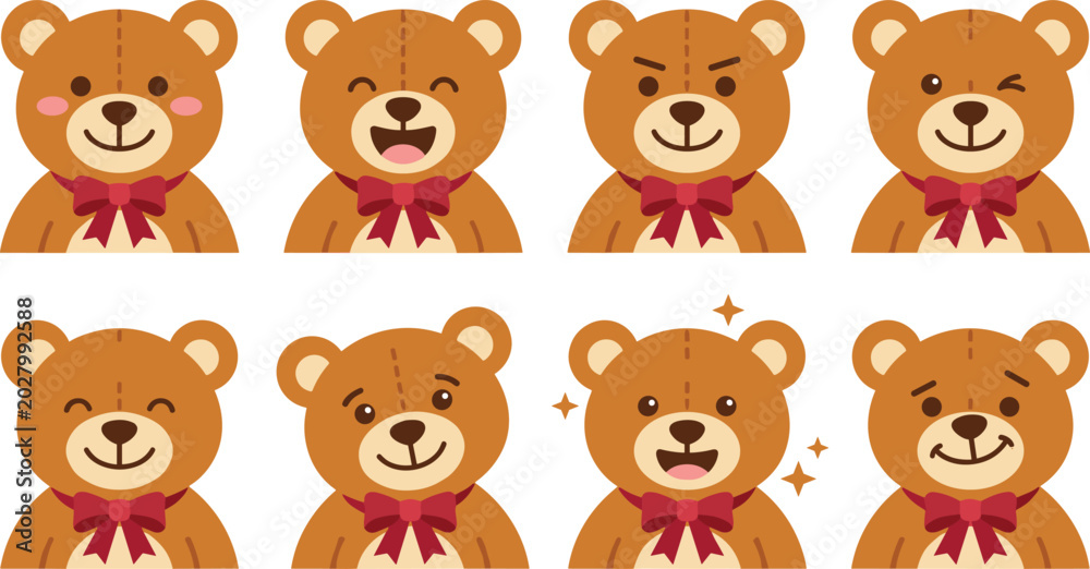Fototapeta premium Cute Teddy Bear Cartoon Expressions Collection Featuring Happy, Angry, Winking, Smiling, and Playful Character Emotions Vector Illustration Set