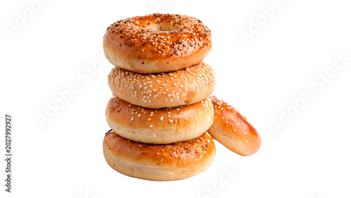 Photos A delicious stack of fresh golden brown bagels traditional bakery bread food iso