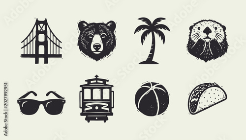 Bild auf Leinwand Vintage California and San Francisco travel icon set with bridge bear and cable