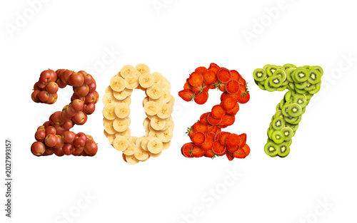 year 2027, numbers made of fruits on white background, banana, apple, kiwi, strawberries, 3d rendering, creative lettering