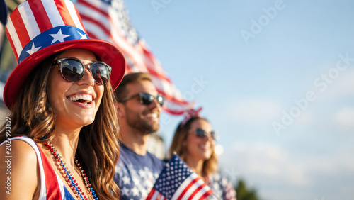 People at USA Flag Day parade, smiling woman with friends and American flag.