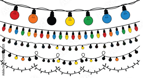 String lights illustration with colorful bulbs on white background