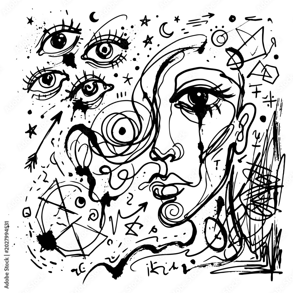 Obraz premium “Surreal Abstract Ink Line Art Poster with Distorted Faces and Cosmic Doodles for Contemporary Monochrome Wall Art”
