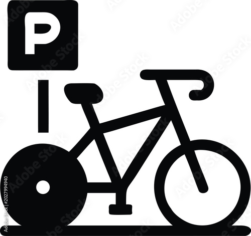 bicycle parking icon with sign black and white glyph