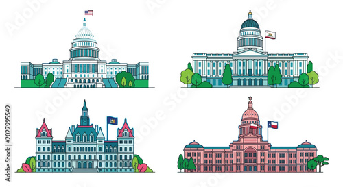State capitol buildings illustration set united states government architecture
