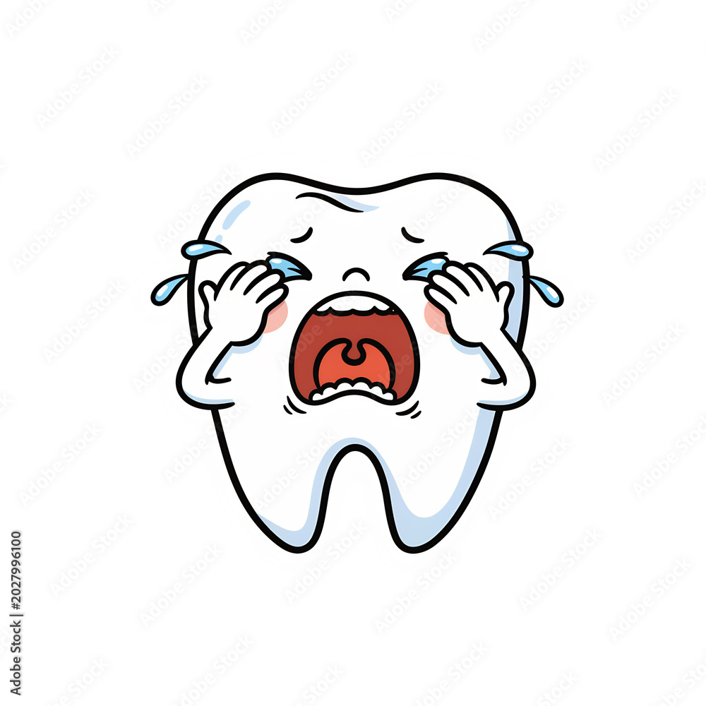 Obraz premium Cute Cartoon Crying Tooth Character Sticker – Funny Sad Molar Wiping Tears with Hands and Screaming Open Mouth