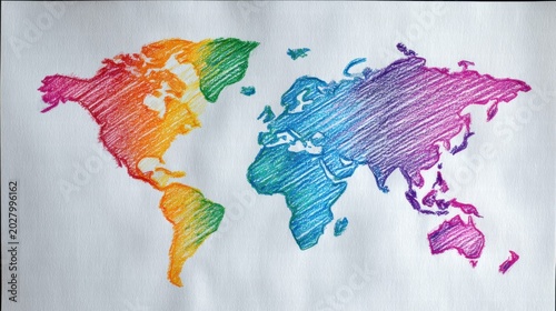 Colorful hand-drawn world map on white paper