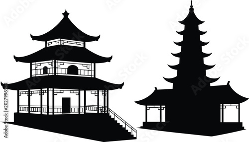Tableau sur toile Asian temple and pagoda vector illustration, traditional architecture, cultural