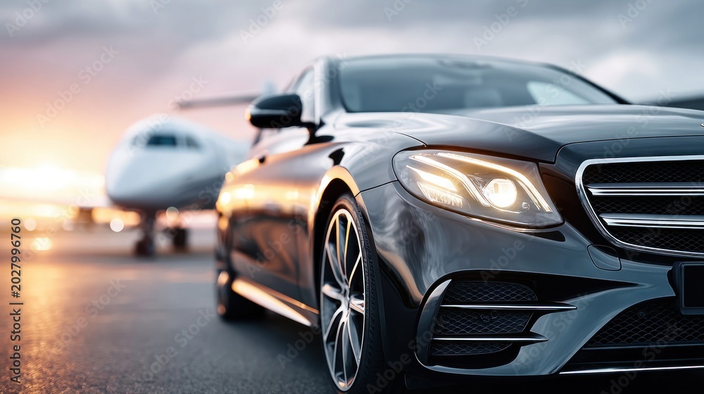 Obraz premium Luxury sedan parked on tarmac next to a private jet at sunset