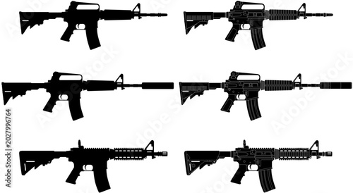 Obraz na płótnie M4A4 and M4A1 Rifle Silhouette Vector Pack with and without Silencer