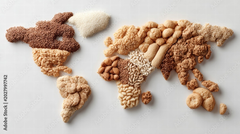 Fototapeta premium World map created with various food items on a white background.