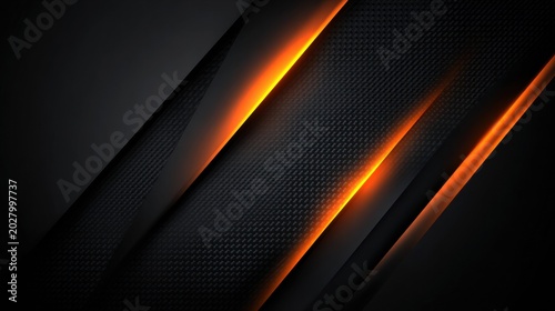 Abstract black and orange background with carbon fiber texture and glowing lines.