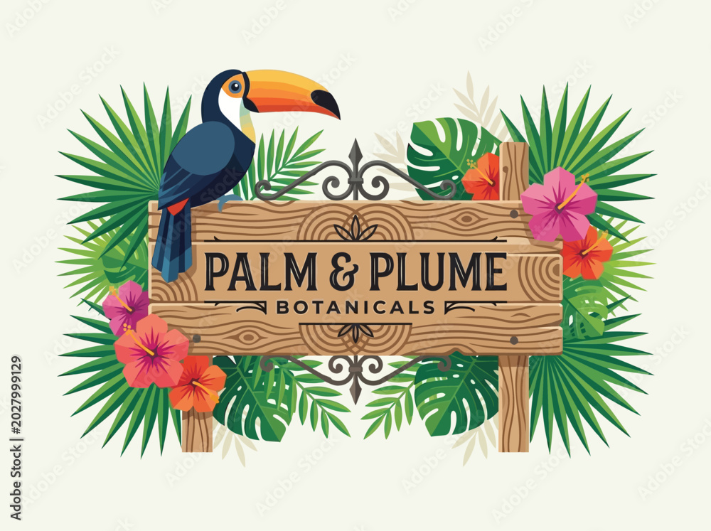 Fototapeta premium Tropical Botanical Garden Logo with Toucan, Wooden Sign, Palm Fronds, and Hibiscus Flowers