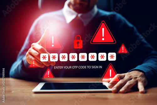 Obraz na plátně Scam call warning message for entering OTP code on a tablet device
