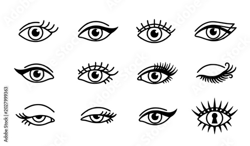 Minimal Female Eye Line Art Vector Icon Collection with Eyelashes