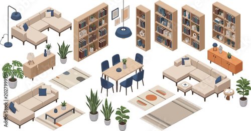 Isometric modern furniture set with sectional sofas dining table bookshelves and indoor plants for interior design visualization vector