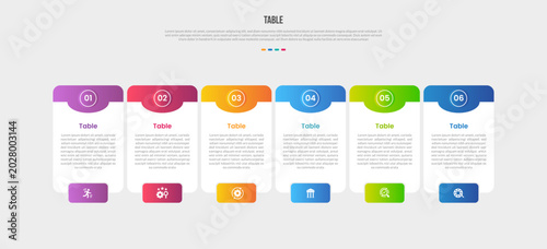 Table box base shape infographics gradient template diagram with round rectangle badge bottom and half circle cut on top with 6 point step creative