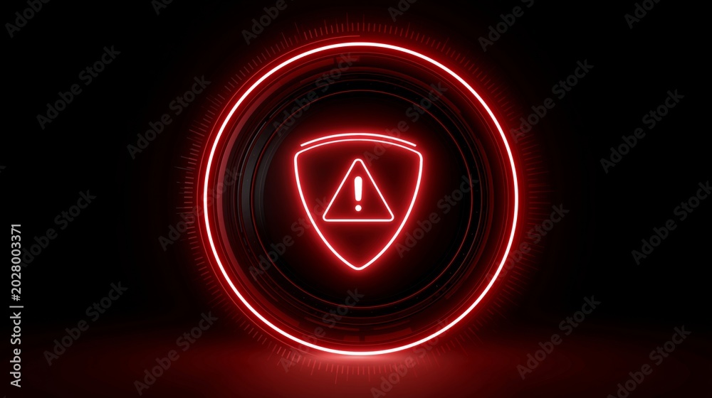 Fototapeta premium Warning symbol in bright red light on a dark background in a digital setting