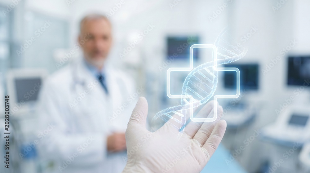 Fototapeta premium Gloved Hand Holding Holographic DNA Helix and Medical Cross with Blurred Doctor in Clinic