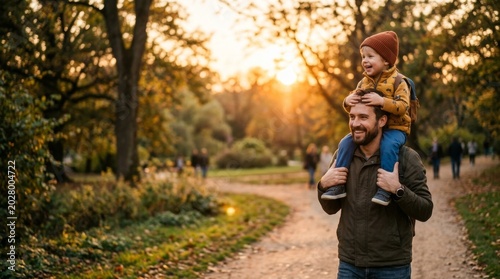Cherished family moments dad and son bonding in autumn park outdoor lifestyle warm evening light joyful connection
