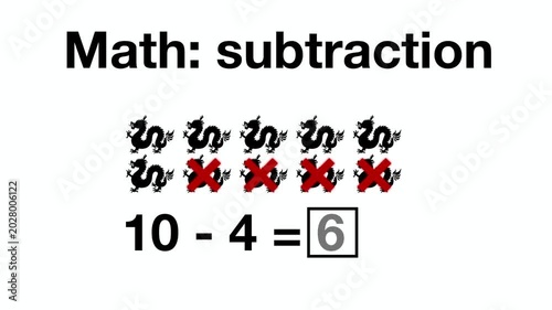 Math subtraction worksheet for kids with animal icons. Educational illustration showing basic arithmetic problems: 10 minus 4, 12 minus 5, and 14 minus 6 with visual cross-out method for learning