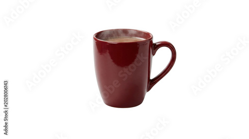 Steaming Red Mug With Hot Drink Isolated On White