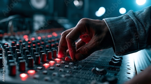 A close-up view shows a hand adjusting a sliding fader on a dark music mixing desk that features bright red illuminated indicator lights in a studio setting